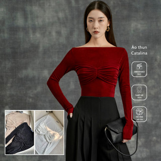 Áo thun Catalina dài tay, cổ tròn, kiểu dáng ôm body, cách điệu nơ xếp nhún nữ tính | the tendy - natural & minimalist