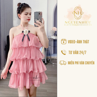 [Ảnh thật] [Hàng sẵn] Váy voan tầng bèo cổ yếm tag hoa cài sang chảnh