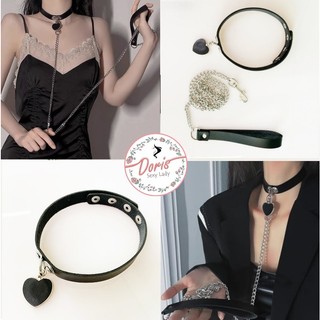  Vòng cổ da PU, choker dây chuyền gắn tim kèm dây xích tháo rời quyến rũ PKC010