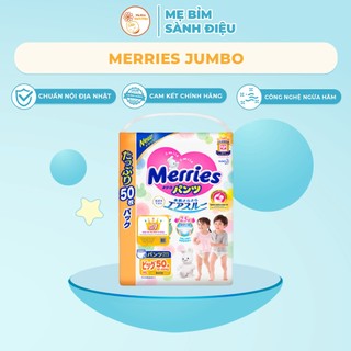 Tã/Bỉm Merries Jumbo siêu cộng miếng nội địa Nhật mẫu mới dán/quần đủ size cho bé M74/L56/XL50 meri