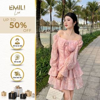 Váy voan trễ vai phối hoa Emili váy công chúa dáng xòe kiểu xinh 