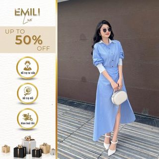 Đầm váy xẻ tà dáng bút chì Emili, đầm sơ mi liền váy phong cách công sở 