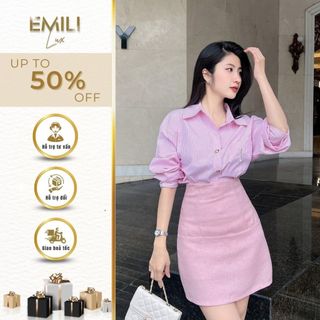 Áo sơ mi sọc hồng Emili phối chân váy chữ A công sở đi làm đi tiệc 