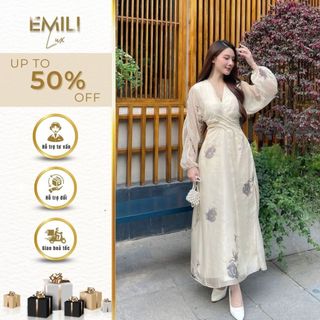 Đầm dài tay họa tiết cổ chữ V Emili đầm dài tay đi tiệc, đi đu lịch thời trang phong cách 