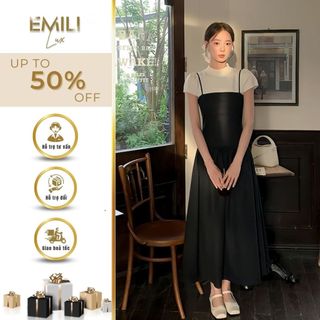 Set váy yếm Emili dáng dài tay ngắn áo liền váy đồ công sở thời trang kiểu nữ 
