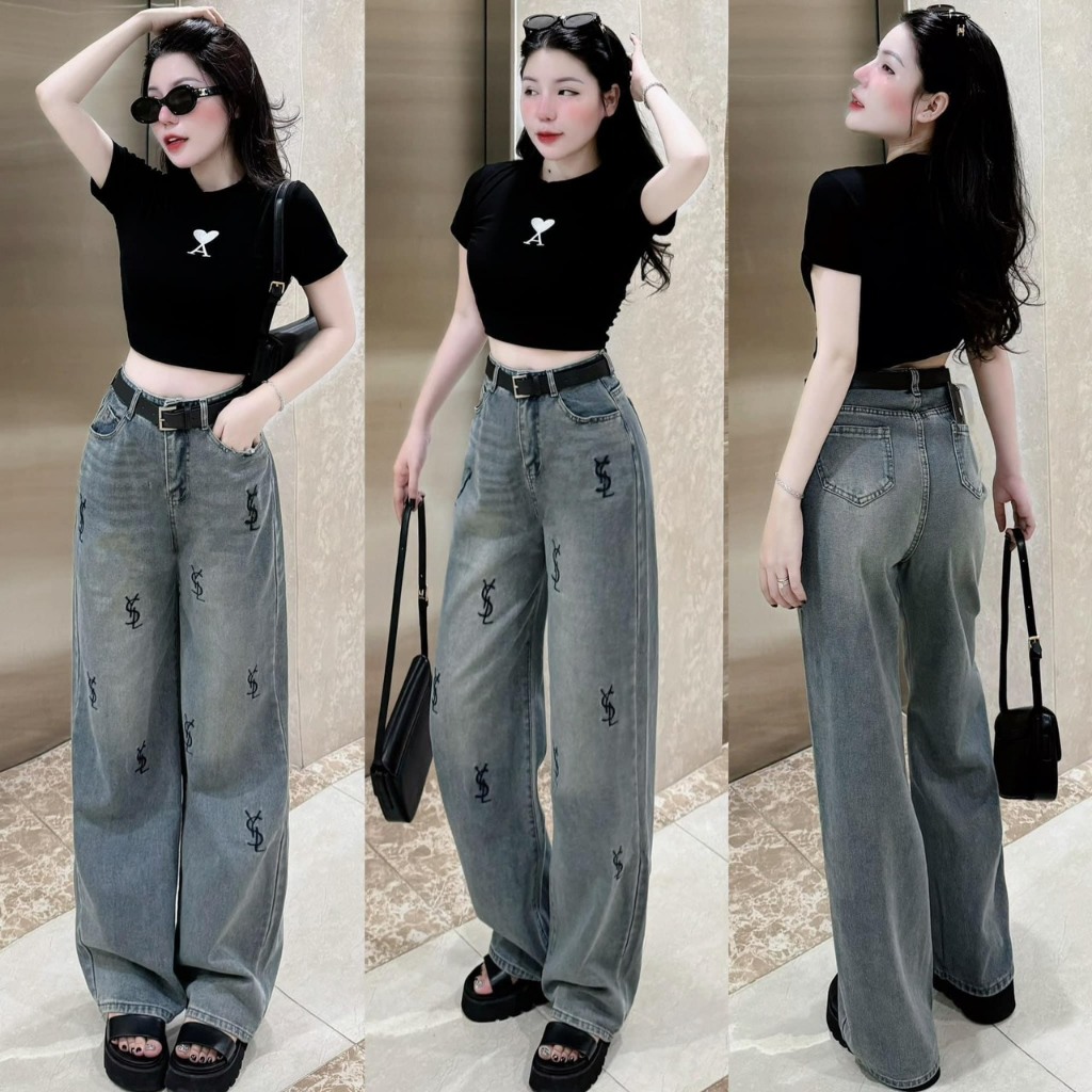 Quần bò YSL .Quần Jeans Nữ Ống Rộng , Quần Bò Nữ Ống Suông Phối Túi Màu Xanh Siêu HOT TL33