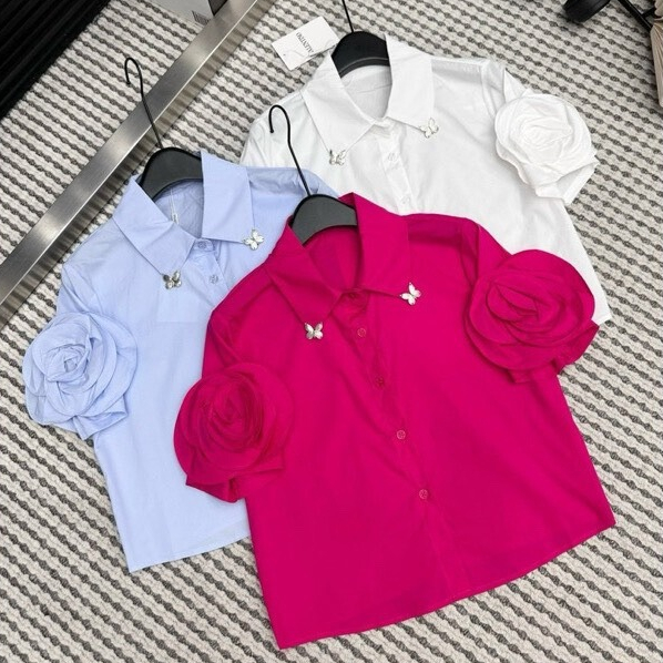 Áo Sơ Mi Nữ Cộc Tay Đính Hoa Hồng, Dáng Croptop, Thô, Mềm Mịn, Thoáng Mát, NM82585