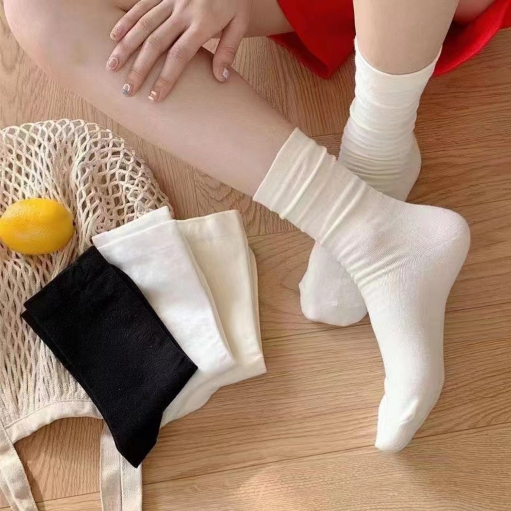 Set 10 đôi tất trơn 3 màu đen be trắng cổ cao, giày dặn, cotton co giãn đi bốn mùa thời trang phong 
