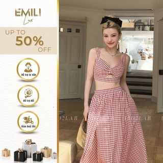 Set áo 2 dây kẻ sọc dáng ngắn Emili phối chân váy xòe đi biển 
