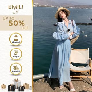 Đầm sơ mi cổ bẻ dài tay bèo Emili đầm tay bèo dáng dài phong cách kiểu nữ 