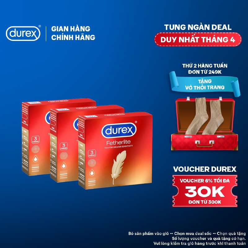 Bộ 3 hộp bao cao su Durex Fetherlite siêu mỏng, size 52.5mm, 3 bao/hộp