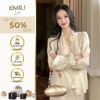 Set áo lụa tay bồng phối hoa Emili phối chân váy dài suông phong cách tiểu thư 