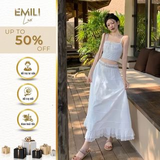 Set áo hai dây kiểu xinh Emili phối chân váy dài dáng xòe phong cách đi biển 