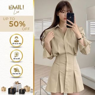 Váy ngắn cổ bẻ tay bồng Emili sơ mi kiểu phối chân váy ngắn tennis phong cách 
