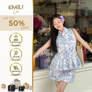Set bộ áo sát nách cổ bẻ Emili in họa tiết hoa phong cách thời trang 
