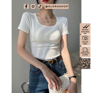 Áo phông cổ U dáng dài ôm chất cotton co giãn trắng, đen thời trang nữ Alora