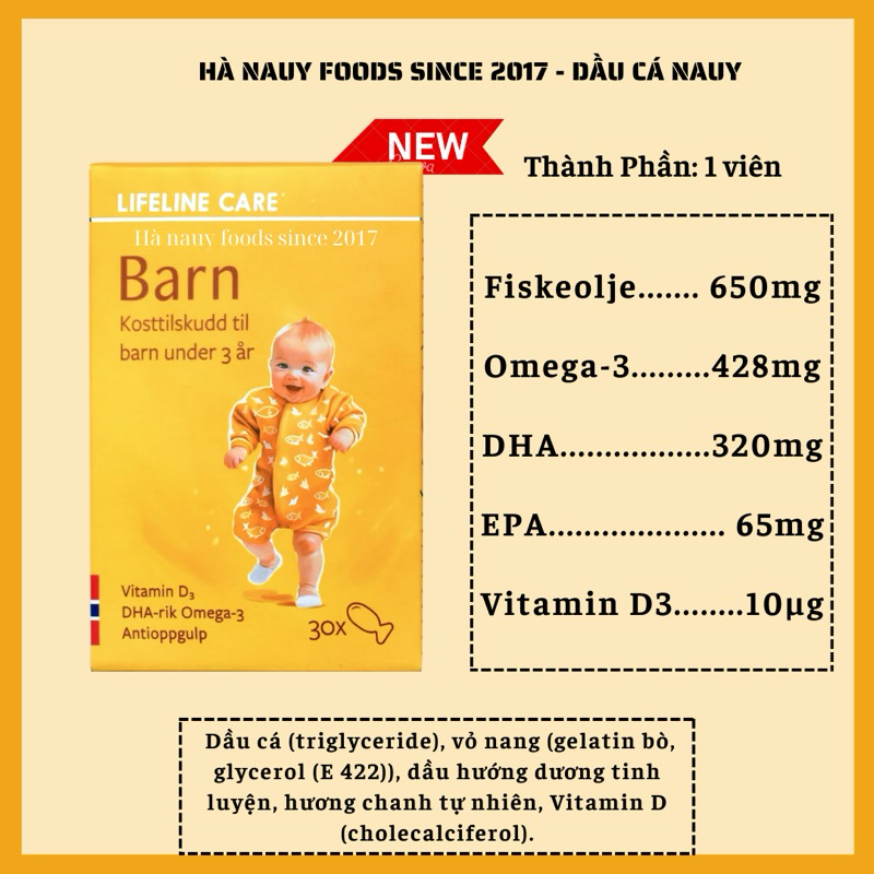 Dầu cá Kim Cương LIFELINE CARE BARN Omega 3, Vitamin D3 cho bé nội địa Na Uy - hộp 30 viên