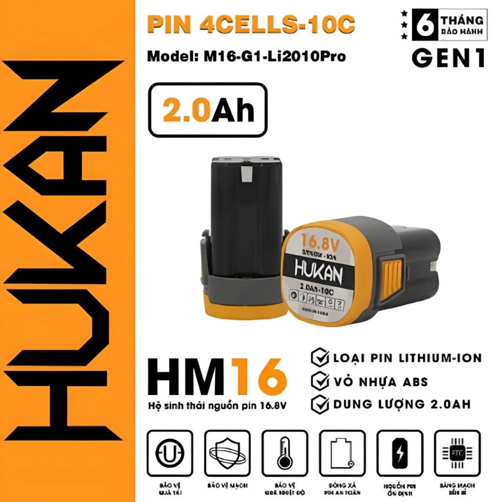 Pin máy khoan,pin máy bắn vít HUKAN 16.8 M16-G1-Li2010Pro dung lượng 2.0Ah pin hukan chính hãng