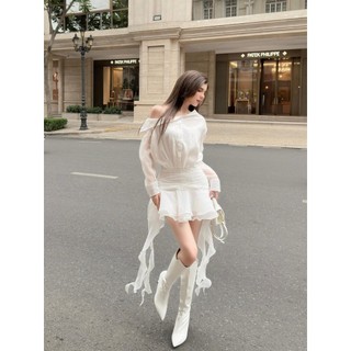 Đầm Lệch Vai Xoè Tua Rua Dáng Ngắn Tay Dài - D0867