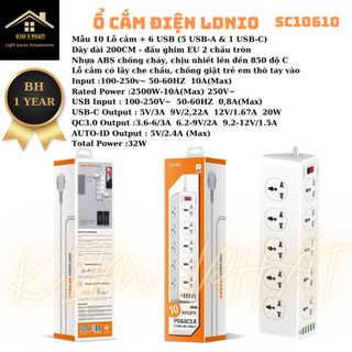 Ổ cắm điện ldnio sc10610 100-250v, 10 lỗ cắm + 5 usb-a & 1 usb-c , sạc nhanh pd&qc 3.0