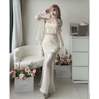  Set 3 chi tiết áo 2 dây kèm áo sơ mi chân váy chất tơ cao cấp LALASTUDIO 