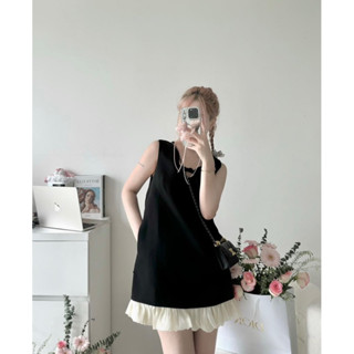  Váy k tay dáng xuông phối nơ ngực chân váy bèo tơ tiểu thư sáng chảnh LALASTUDIO 