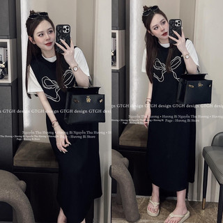Váy xuông tiểu thư mềm mại set gồm áo và váy balo cottong nơ