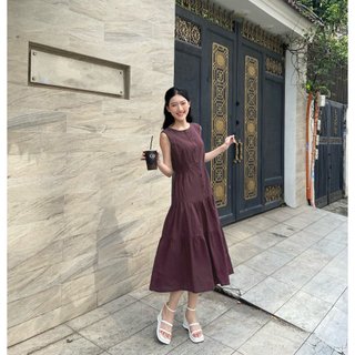  Đầm Maxi vải Linen sơ mi dài sát nách cổ tròn eo thun đa dạng màu sắc