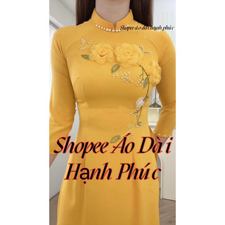 Áo dài màu vàng vải lụa mỹ cổ 2cm thêu hoa hồng
