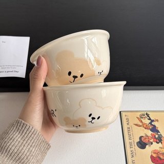 Bán Lẻ Bộ Bát Đĩa Chén Dĩa Gấu Bear Màu Kem Dễ Thương Men Sáng Đẹp An Toàn Cho Máy Rửa Bát, Lò Vi Sóng