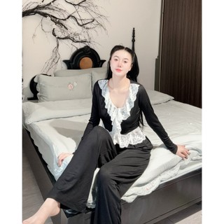 Đồ bộ mặc nhà thun cotton mát mịn phối ren trắng co dãn, ôm body thoải mái quần dài tay dài - đồ bộ mặc nhà nữ