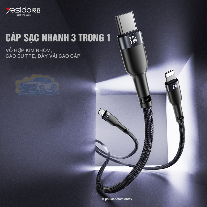 Cáp Sạc Nhanh Đa Năng Trên Ô tô,  Cáp Sạc 3 Trong 1 Dây Vải Cao Cấp 2