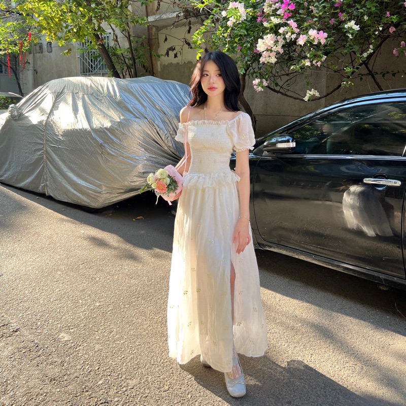 [SORI.VN] ĐẦM VÁY MAXI DÀI TRỄ VAI CỔ VUÔNG TAY PHỒNG XẺ TÀ ĐI BIỂN VẢI TƠ THÊU | BigBuy360 - bigbuy360.vn