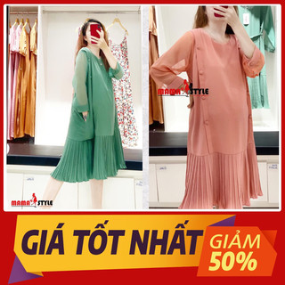 Mama_Style Váy bầu Tay Lở Phối Dập Ly ( Bầu và sau sinh có thiết kế cho bé bú tiện lợi )