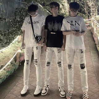 Quần jean nam AMIRI trắng vá da đen vá  thêu cao cấp vải dày chất đẹp hottrend