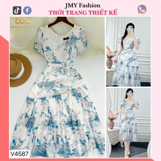 V4587 Váy voan hoa xanh cổ vuông đuôi cá dáng dài [Dolce Viva Colection (DVC)] váy hoa body đuôi cá nhún eo sang chảnh