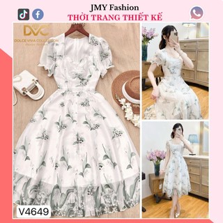 V4649 Váy đầm voan trắng xòe cổ tim nữ tính [Dolce Viva Colection (DVC)] váy trắng hoa nhí xòe tay bồng tiểu thư