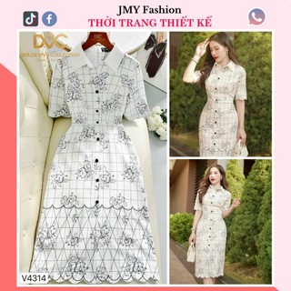 V4314 Váy đầm sơ mi trắng hoa đen dáng bút chì sang chảnh [Dolce Viva Colection (DVC)] váy hoa sơ mi tay lỡ