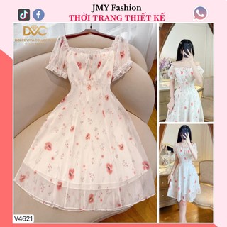 V4621 Váy voan trắng cổ vuông dáng xòe nữ tính [Dolce Viva Colection (DVC)] đầm trắng xòe hoa nhí tiểu thư
