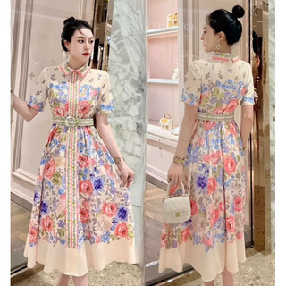 (HÀNG NHẬP CAO CẤP) VÁY ĐẦM SƠ MI DÁNG XÒE – NỀN KEM HOẠ TIẾT HOA HỒNG ( TT 4601524)