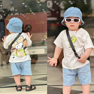Quần áo bé trai, set 3ct: áo cotton chú chó Snoopy quần short jean TẶNG MŨ cho bé 10-22kg