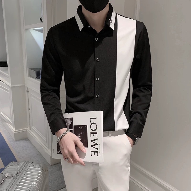 Áo sơ mi tay dài nam nữ chất lụa margo cao cấp thêu chữ trên cổ phối hai màu trắng đen trơn form chuẩn YUKI OUTFIT | BigBuy360 - bigbuy360.vn