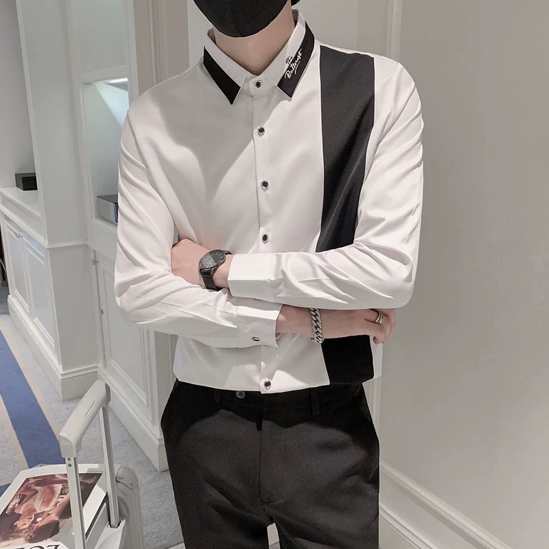 Áo sơ mi tay dài nam nữ chất lụa margo cao cấp thêu chữ trên cổ phối hai màu trắng đen trơn form chuẩn YUKI OUTFIT | BigBuy360 - bigbuy360.vn