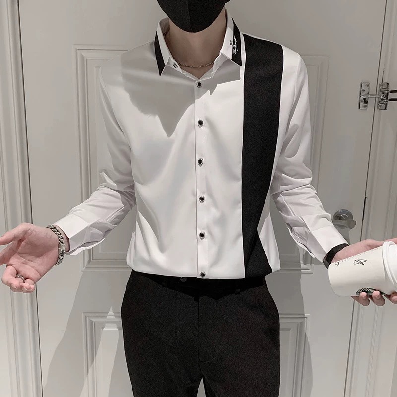 Áo sơ mi tay dài nam nữ chất lụa margo cao cấp thêu chữ trên cổ phối hai màu trắng đen trơn form chuẩn YUKI OUTFIT | BigBuy360 - bigbuy360.vn