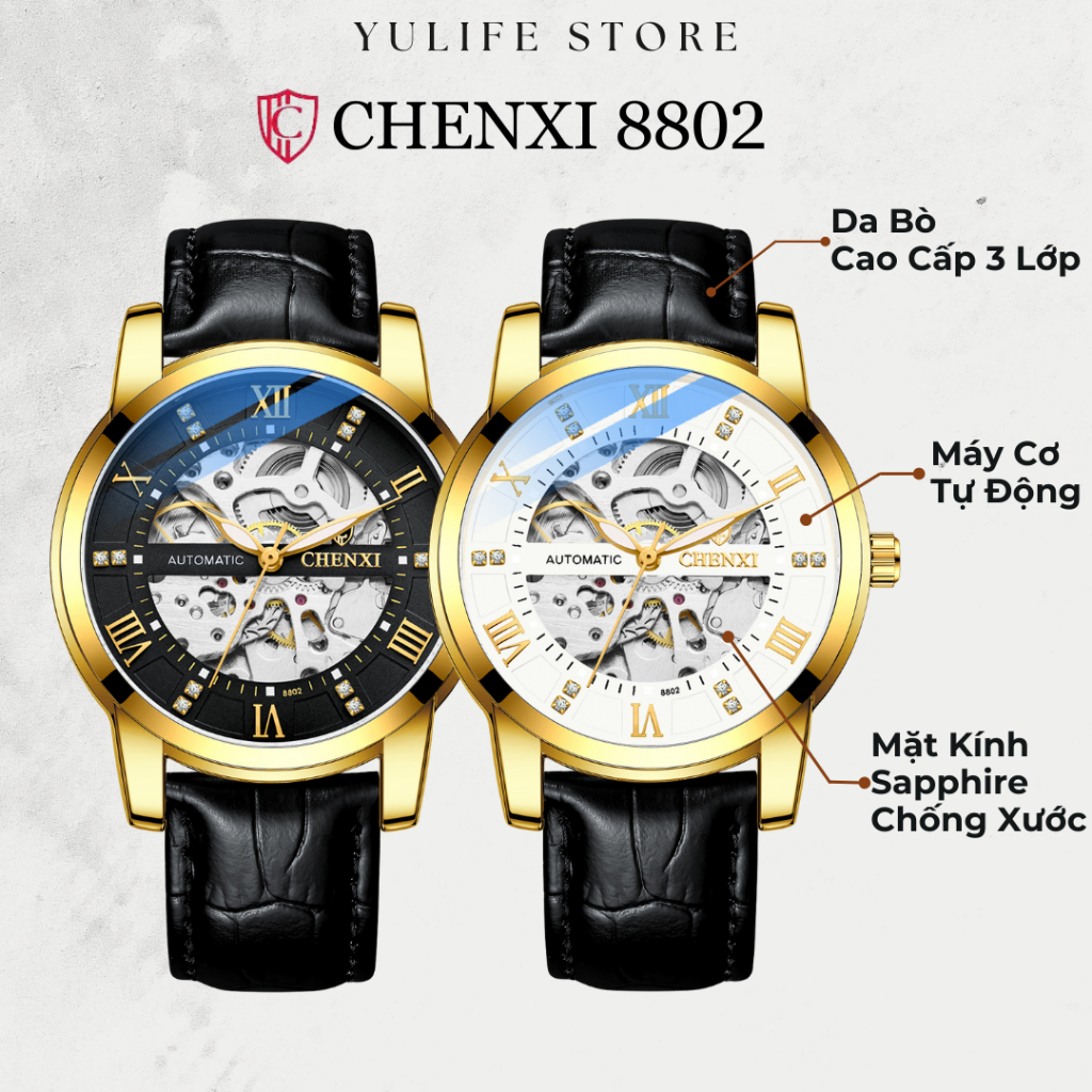 Đồng hồ cơ nam Chính hãng Chenxi 8802 dây da cao cấp máy cơ tự động