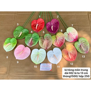 Lá Hồng Môn lá dài TRUNG cành dài 60cm, lá hoa dài 13cm,hoa giả cắm trang trí bó hoa, cắm lẵng hoa