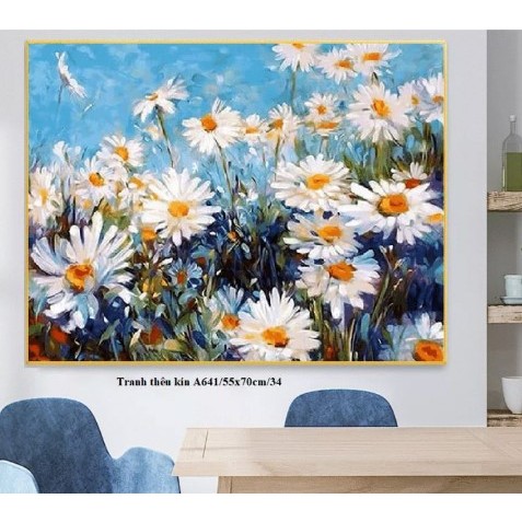 tranh thêu chữ thập phong cảnh hoa cúc họa mi a641 (55x70) cm