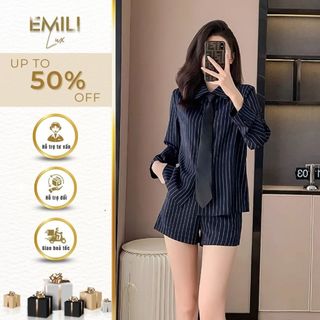Set sơ mi sọc kiểu nữ Emili phối quần đùi kẻ phong cách Hàn Quốc 