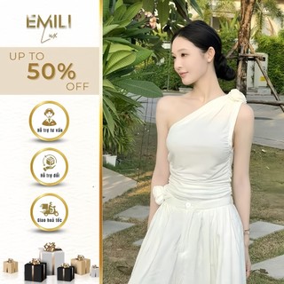 Set éo lệch vai phối hoa Emili áo trễ vai phối quần dài ống suông 