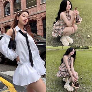 [SALE LỖ XẢ KHO] Set áo sơ mi thiết kế trễ vai tay rời kèm quần sooc và dây thắt